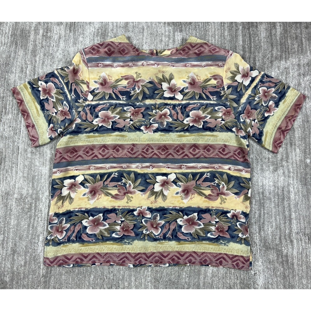 Quo-Silk Blouse Womens L Multicolor Floral Striped 100% Silk Short Sleeve Top